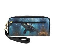 ZhRiYan Bolsa de maquillaje pequeña de piel con estampado de ballenas asesinas, neceser de viaje para mujer, bolsa de cosméticos reutilizable con cremallera, color negro, talla única, color negro