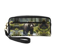 ZhRiYan Brown Bear Pounce - Neceser pequeño de piel con estampado de oso marrón - Neceser de viaje para mujer, bolsa de cosméticos reutilizable con cremallera, color negro, talla única, Black, Talla