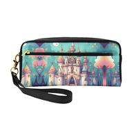 ZhRiYan Neceser pequeño de piel con estampado clásico de castillo, neceser de viaje para mujer, bolsa de cosméticos reutilizable con cremallera, color negro, talla única, color negro, talla única