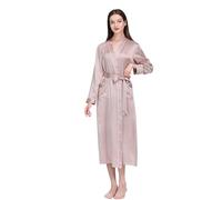 ZHSOAO Pijamas de Seda de 19MM for Mujer, Vestido de Manga Larga, Pijama Largo con Cuello en V, Bata Abierta for el hogar para Mujer(Pink,S)