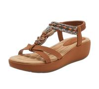 ZhuiKun Sandalias Mujer Verano Cuñas Bohemias Sandalias de Playa con Cuentas y Correa Elástica al Tobillo - Amarillo, 35