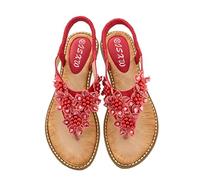 ZhuiKun Sandalias Planas Mujer Chanclas de Flor de Diamante de Imitación con Correa Elástica Zapatos Bohemios de Playa de Verano - Rojo,CN 41 (EU 40)