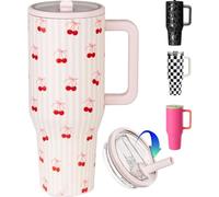 ZHUIYIWIN Termo con Pajita 1.2L Acero Inoxidable 304 Antifugas.Tumbler 1.2L.Vaso Termico con Asa, Tumbler para Frío y Caliente, para Viaje, Gimnasio, Oficina (Cerezas, 890 ml)