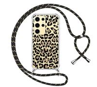 ZhuoFan Funda con Cuerda para Samsung S24 Ultra 5G 6,8", Transparente Aesthetic Leopardo con Dibujos Suave Marco de TPU Respaldos de PC Carcasa con Colgante Cordón Colgar Correa de Cuello, 02