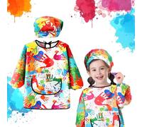 ZHXGO Bata de Pintura Infantil de tinta ajustable Reutilizable, Delantal de Pintura Impermeable de manualidades, Delantal Escolar de Manga Larga y Bolsillos Gorro para Niños Niñas de 4 a 6 Años