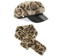 zhxinashu Gorro y bufanda Mujer, Boina Invierno Mujer con Bufanda Leopardo, 2 Piezas, Regalos Moda Ideales como Regalos Navidad o Cumpleaños(Beige)