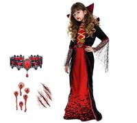 ZHYUGOYA Disfraz Vampiresa Niña, Disfraz Vampiro Niña con Collar Pegatinas de Tatuajes, Costume de Vampiro Niñas Gótico, Traje Reina Vampira para Halloween Cosplay Carnevale (M (8-10 Jahre))