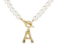 ZIAFRPN Bambú Inglés Inicial Colgantes Simulado Letra Collar de Perla para Mujeres Declaración Color Dorado Toggle Chian Nombre Joyería