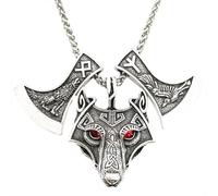 ZIAFRPN Moda Occhi Rossi Testa di Lupo Corvo Ascia Pendenti Viking Rune Talismano Amuleto Collana per Gli Uomini prezzie