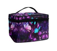 ZIATUBLES Bolsa de maquillaje ligera para mujer, bolsa portátil para brochas de maquillaje, bolsa de aseo para mujeres y adolescentes, actividades al aire libre, Mariposa Floral Vintage Púrpura Azul,