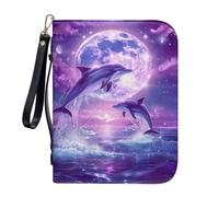 ZIATUBLES Funda de piel sintética para la Biblia, bolsa de transporte para libros, organizador de libros para oración cristiana, L-2XL, Luna, delfín de mar morado, XL
