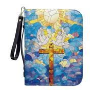 ZIATUBLES Fundas de piel sintética para Biblia con correa, funda de transporte para libros, bolsa de la Biblia para la iglesia para estudio de oración, L-2XL, Paloma cruzada de vidrieras, L