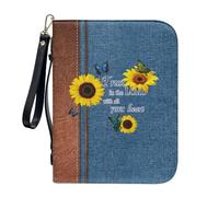 ZIATUBLES Fundas para Biblia con bolsillos con cremallera, funda de piel sintética para la Biblia, bolsa de la Biblia con correa, bolsa cristiana para oración, L-2XL, Textura vaquera girasol mariposa,