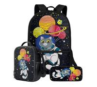 ZIATUBLES Juego de 3 mochilas de 17 pulgadas, bolsa escolar, lonchera, estuche, estuche para estudiantes, viajes, laptop, mochila de día, Piloto de gato de dibujos animados, Talla única