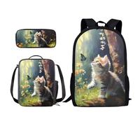 ZIATUBLES Juego de mochila escolar para estudiantes, mochila de 17 pulgadas con bolsa de almuerzo y caja de lápices, funda para libros, mochila de día, Gato americano del bosque mariposa, Talla única,