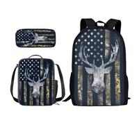 ZIATUBLES Juego de mochila para estudiantes, mochila escolar de 17 pulgadas, bolsa de libros de moda con bolsa de almuerzo y caja de lápices para exteriores, Cuerno vintage con bandera de Estados