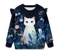 ZIATUBLES Sudaderas con volantes para niñas pequeñas, suéter de manga larga para otoño e invierno, cuello redondo, 1-7 años, Flor estrellada de gato blanco, 5-6 años