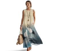 ZIATUBLES Vestido largo de verano para mujer, de lino sintético, sin mangas, cuello redondo, para playa, para vacaciones, tallas S-4XL, Cisne oriental, 3XL