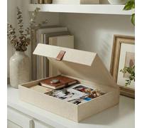 ZICOTO Caja decorativa de almacenamiento de fotos con tapa, un hermoso organizador de lino perfecto para almacenar de forma segura tus fotos, documentos, suministros de álbumes de recortes, recuerdos