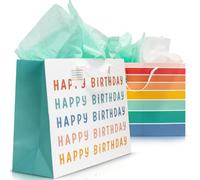 ZICOTO Juego de 2 hermosas bolsas de regalo de cumpleaños, bolsas grandes de 16 pulgadas con asas, incluye papel de seda, tarjetas y calcomanías a juego, reutilizables y perfectas para regalos