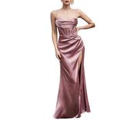 ZICUE Mujer Vestidos De Graduación De Satén con Plisados Y Tirantes Finos; Elegante Vestido De Noche Y De Fiesta con Corte Sirena Y Corsé Rosa XS