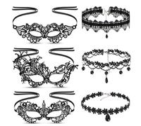 Zidoley 6 Piezas Máscara Veneciana Encaje Gargantilla Máscara Antifaz Negra Mujer Para Carnaval Halloween Disfraces Vestidos Noche Fiestas (3 Máscaras + 3 Gargantillas)