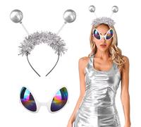 Zidoley Disfraz de Alien para mujer, juego de 2 unidades, diadema de alien plateada y gafas de sol con purpurina, traje de niña espacial para carnaval, carnaval y fiesta Galaxy (juego de 2 piezas