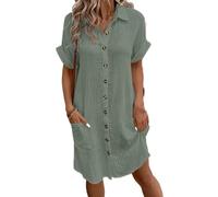 ZIFENGBI Vestido Camisero De Manga Corta Abotonado con Bolsillo para Mujer, Vestido Camisero para Mujer 2024 Vestido Camisero Tipo Túnica Vestido De Lino De Algodón De Manga Corta (XL,Gris Verde)