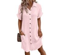 ZIFENGBI Vestido camisero de manga corta con botones y bolsillo para mujer, vestido recto para mujer, vestido tipo túnica 2024, vestido de manga corta, vestido de lino y algodón con botones (rosa, S)