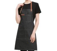 ZIHDKE Delantal de trabajo de mezclilla con correa de cuero y bolsillos, uniforme de camarero for estudio de belleza, barbería, cafetería, mercado, panadería. para Soldadura, Herrero(Black Stripe)