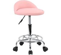 ZIHDKE Taburete rodante Redondo de Cuero PU con reposapiés, Silla giratoria Trabajo redacción Altura Ajustable, for SPA Ruedas para SalóN Trabajo(Pink)