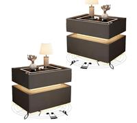 Zihpil 2 Piezas Mesita Noche Inteligente Con Altavoz Bluetooth Y Luz Con Sensor, Mesa Auxiliar Dormitorio Flotante 2 Cajones, Panel Con TáCtil Luz Led 3 Colores Carga InaláMbrica,Dark gray,40*40*48cm