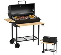 Zilan Barbacoa de carbón vegetal con tapa y termómetro, carro de barbacoa con gran superficie de parrilla de 71 x 37 cm, estante lateral de madera y mesa frontal plegable, parrilla con ruedas y