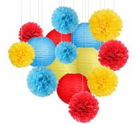 zilue Decoraciones de fiesta de circo de carnaval, linternas de papel rojo, amarillo y azul, flores con pompones para fiesta de cumpleaños, baby showers, temática de carnaval, decoración de fiesta de