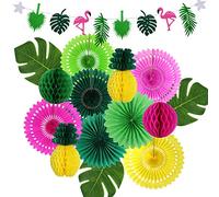 zilue Decoraciones de fiesta hawaiana, suministros de fiesta de cumpleaños tropical, flamenco y hojas de palma, abanico de papel de seda, bola de panal de abeja para verano Luau despedida de soltera