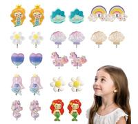 ZILZUFA 12 Pares de Pendientes de Clip para Niñas, Sin Tipo de Metal, Lindo Pendientes de Resina no Alérgicos, Accesorios de Joyería de Princesa para Niñas, Hermoso Sirena