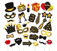ZILZUFA 30 Piezas Accesorios Photocall Cumpleaños, Decoración para Fiesta, Accesorios para Photocall Feliz Cumpleaños Negro Dorado, Decoración de Mesa