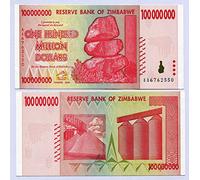 Zimbabwe 100 millones de dólares 2008 UNC, récord mundial de inflación, billetes de banco en moneda