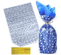 ZIMCEMS 50 bolsas de celofán transparente con estampado de estrellas plateadas de 7 x 12 pulgadas, bolsas de celofán transparente para envolver regalos de fiesta, regalos, con lazos giratorios de 5