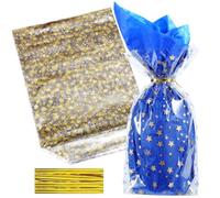 ZIMCEMS 50 bolsas de celofán transparente con refuerzo inferior de 8 x 12 pulgadas, con estampado de estrellas doradas, bolsas de regalo de celofán, bolsas de celofán para regalos de fiesta,