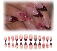 Zimocepuz French Uñas postizas de tamaño mediano en forma de almendra,24 Uñas postizas de flor roja 3D con diamante,Uñas para el uso diario de mujeres,Naturalmente reutilizables