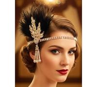 Zimocepuz Showgirl Diadema, Tocador de Plumas Negras con Perlas y Estrás, Elegante Tocador Estilo Años 20 Dorado para Damas