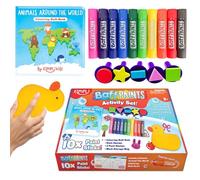 ZIMPLI Baff Paints - Juego de 10 barras de pintura de baño lavables, libro de baño para colorear, esponja de pato, 5 sellos de formas divertidas y bolsa de almacenamiento de malla, juguete de baño