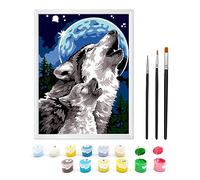 Zimrobin Pinta por números para niños de 6 a 12 años con cartón preimpreso, 12 macetas de pintura acrílica vibrante, un marco y 3 pinceles de pintura (el lobo y la luna)