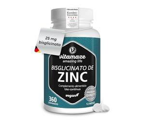 Zinc 25mg 360 Comprimidos de Bisglicinato de Zinc Elemental Puro para 1 Año, Altamente Biodisponible y Vegano, Suplemento Alimenticio sin Aditivos, Calidad Alemana. Vitamaze®