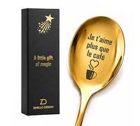 Zinello Design - Cuchara de café dorada grabada "Je t'aime más que el café", regalo de San Valentín para hombre y mujer, caja de regalo con tarjeta, marca francesa