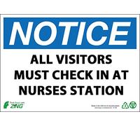 ZING 1908 Señal de seguridad ecológica, aviso que los visitantes deben comprobar en la estación de enfermeras, plástico reciclado, 17,78 cm de alto x 25,4 cm de ancho, negro, azul, blanco