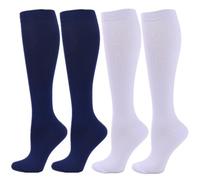 Zingso Calcetines de compresión para mujeres y hombres, 2 Pares 20-25 mmHg Calcetines Medias de Compresión para Correr, volar, viajar, Enfermeras (S/M, Blanco+Azul marino)