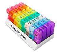 ZINHSQ Organizador mensual de píldoras, 3 veces al día, 32 compartimentos, pastillero de 30 días, portátil y recordatorio, multicolor