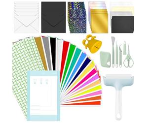 Zinueen Kit de inicio para Cricut Joy - Paquete extra para principiantes con 17 colores de vinilo inteligente permanente de 12 x 5,5 pulgadas, 3 láminas de transferencia, juego de tarjetas de